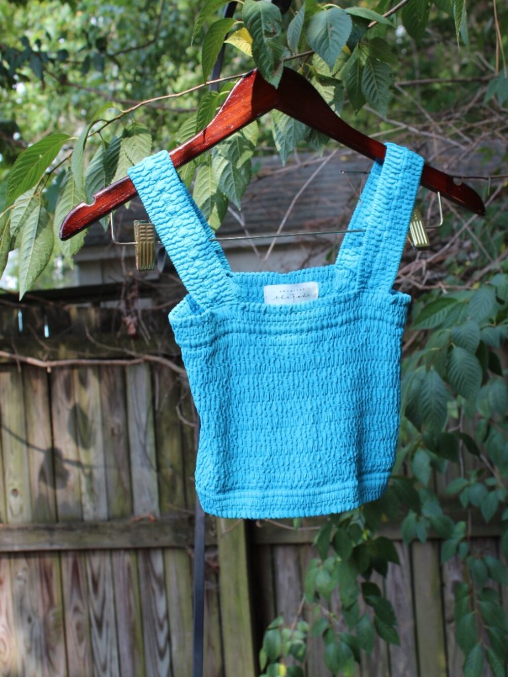 American Threads Smocked Square Neck Crop Top Blue OS NWT